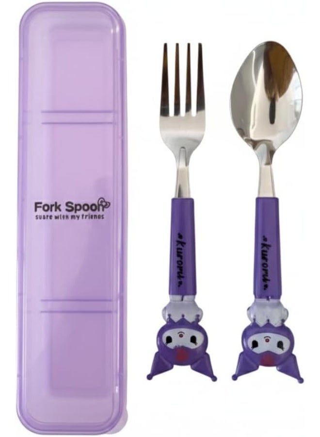 Happy Hugs Stainless Steel Fork Spoon Cutlery Set with Case, Purple color, Character Design, 2 Pieces portable set - Image 1
